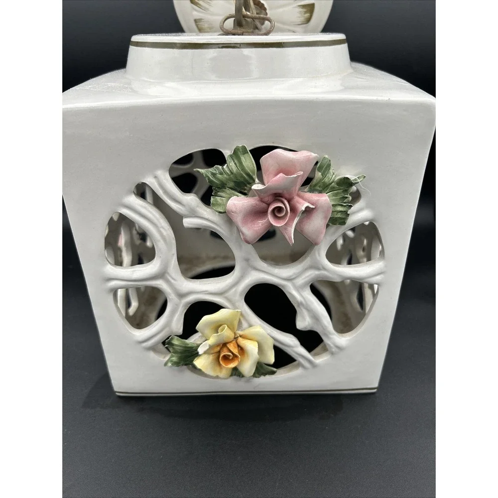 M Moretto Italy Capodimonte Raised Roses Hanging Lamp Artist Signed #821 READ